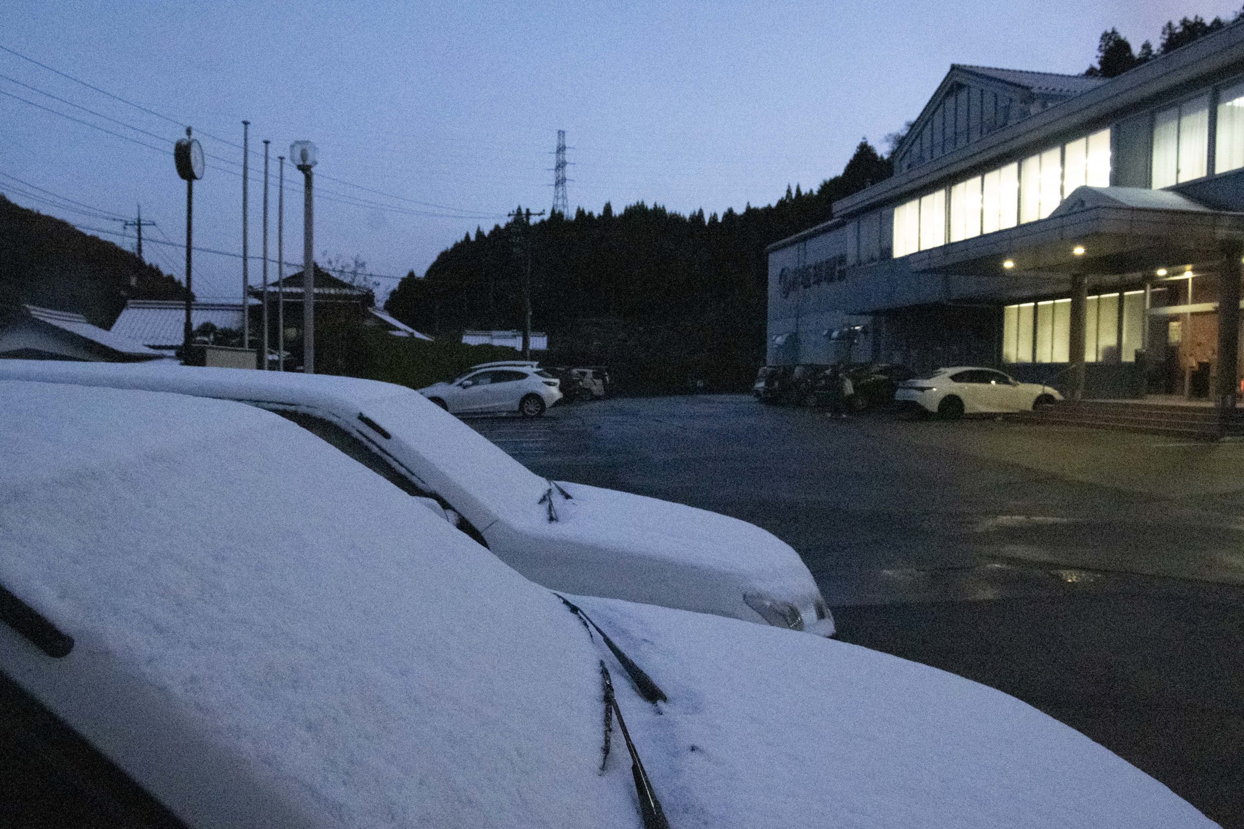 雪を被った営業車。本社にて。